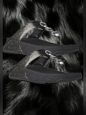 FitFlop Petra Jeweled Thong Wedge Sandals in Pewter Gray with Snakeskin Pattern